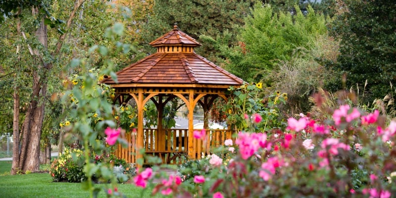 cedar gazebo backyard garden park picture id619960546